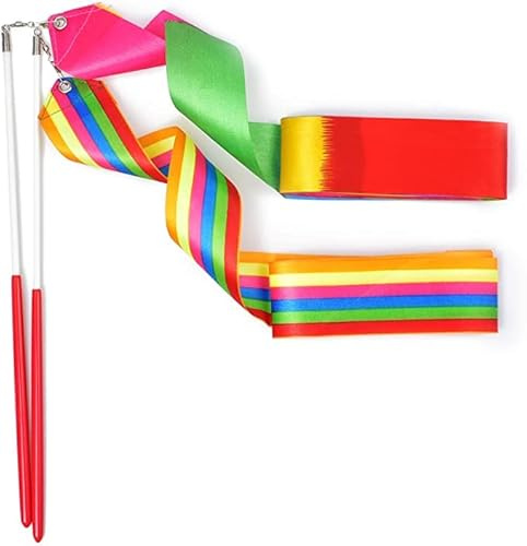 HUIANER Dance Ribbons Streamers Rhythmic Gymnastic Ribbon Wands Rods for Children Art Dances, Baton Twirling, 2 Pieces
