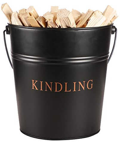 Large Matte Black & Copper Fireside 17L Wood Kindling Fuel Scuttle Bucket | Carrying Handle, 17L Capacity, Text Print Design, Recycled Metal, Firewood Basket, Fireplace Storage