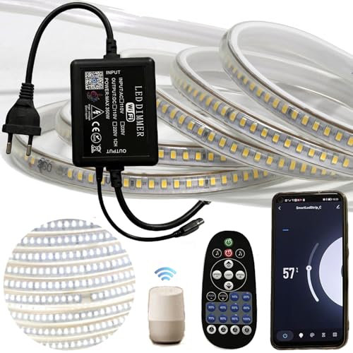 FOLGEMIR 10 Meter Dimmbar LED Band Kalt Weiß, WIFI/APP kontrolliert LED Streifen mit 220V Trafo & IR Fernbedienung, 2835 SMD 144 Leds/m, Timer, Musik, Wasserdicht IP65