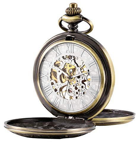 Treeweto Herren mechanische römische Ziffern Zifferblatt Skelett Taschenuhr mit Geschenkbox und Ketten für Herren und Damen Bronze