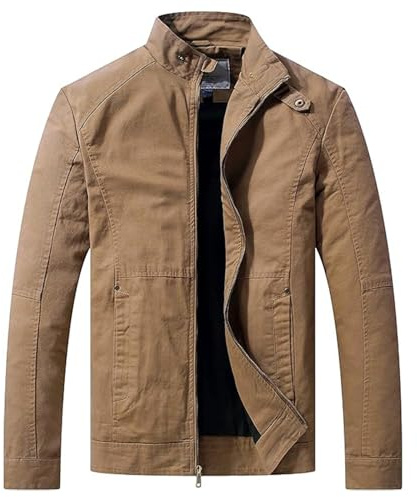 WenVen Giacca da Uomo Antivento in Cotone Giubbotto Casual con Zip Cappotto Leggero Mezza Stagione Giaccone Tempo Libero Uomo Verde Militare L Cachi XL