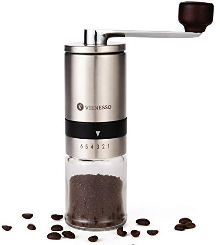 Coffee Grinder Manual with Ceramic Burr | Stainless Steel Hand Espresso Grinder with 6 Grind Levels and Glass Container