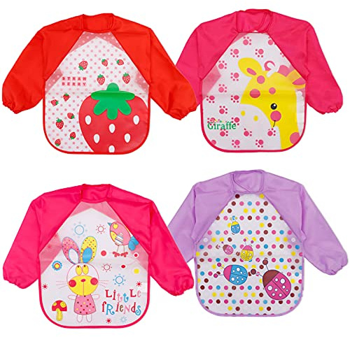 Baogaier Lätzchen Baby Wasserdichte Lange Aermel Kinder Mädchen Waschbar Babylätzchen zum Bemalen BPA Frei Abwaschbar Verstellbare Einfache Reinigung Schürze Essen Kunst Handwerk Spielen Rot Pink 4PCS