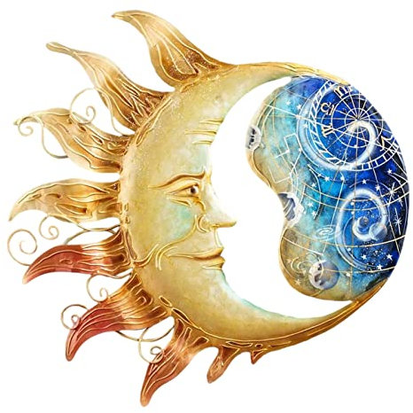 Metall Sonne Wand Kunst Dekor, Metall Wandornament Sonne Gesicht Und Mond Hängende Wanddekoration, Retro Metall Wandskulptur Für Innen Und Außen Hausgarten Veranda Zaun Wohnzimmer Dekoration (A)