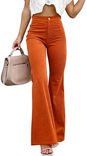 semen Womens High Waisted Slim Fit Casual Flared Pants Solid Color Bell Bottoms Soft Trousers (UK, Numeric, 12, Regular, Regular, Orange)