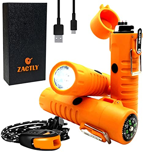 Zactly MODEL AL02 Electric Dual Arc USB Lighter Multifunction Waterproof Windproof Dustproof Rechargeable with Led Flashlight & Emergency Whistle, Camping & Outdoor Survival Tactical Tool (ORANGE)