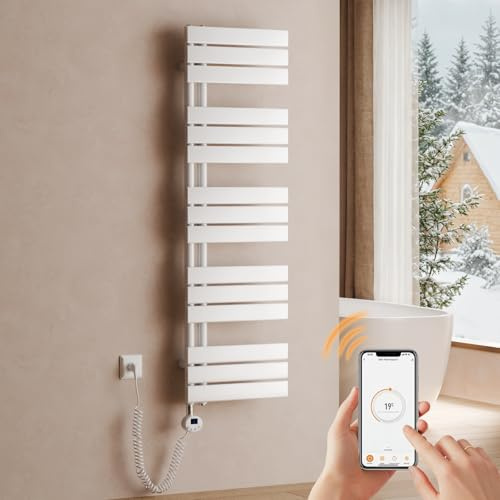 S'AFIELINA Sèche-Serviette Électrique 1320×400 mm WiFi 600W Weiß | Radiateur Électrique Salle de Bain avec Thermostat, Minuterie Programmable, Écran LCD, Sèche-Serviette Mural
