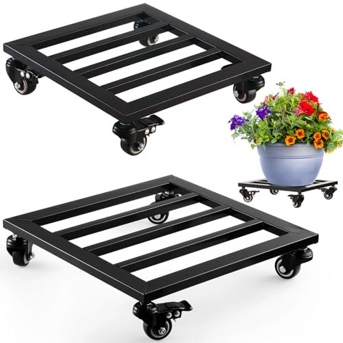 2 Packungen großer quadratischer Pflanzenbehälter aus Metall mit Rädern, 34.5 cm und 30.5 cm, Eisen, geschmiedet, für den Innen- und Außenbereich, Schwarz