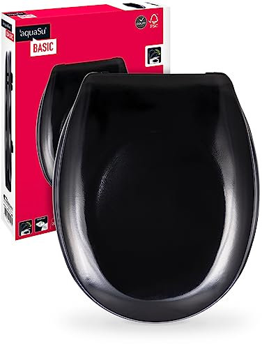 aquaSu® Basic, WC-Sitz in Schwarz, Duroplast Toilettendeckel mit Absenkautomatik, Belastbar bis 200 kg, Standard O-Form, 409162