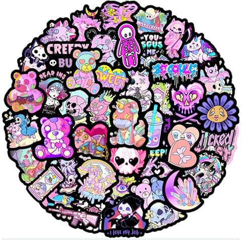 50 Pieces Gothic Aesthetic Stickers Pack for Water Bottles, Laptops, Skateboards, Waterproof Vinyl Stickers with Purple Skulls, Horror Thriller Designs, and Personalized Pink Gothic Stickers for Teens