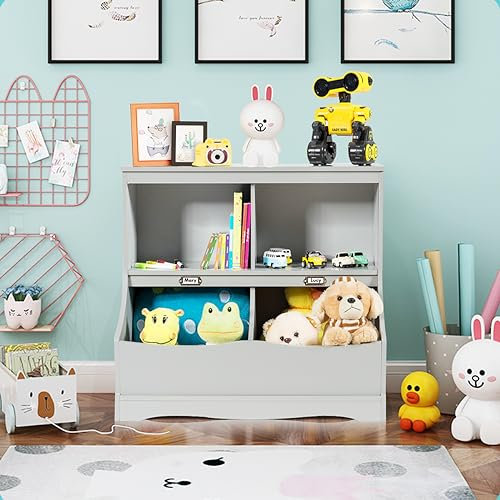 DREAMADE Coffre à Jouets Enfant 67x40x62CM,Meuble de Rangement en MDF avec 2 Etagères&4 Compartiments,Etagère de Rangement pour Jouets&Livres dans Salle de Jeux,Chambre Enfant (Gris)