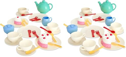 Casdon 36-Piece Tea Set. Colourful Toy Playset with Teapot, Milk Jug, Cups and Saucers, Cake, and More. Suitable for Preschool Toys. Playset for Children Aged 3+ (Pack of 2)
