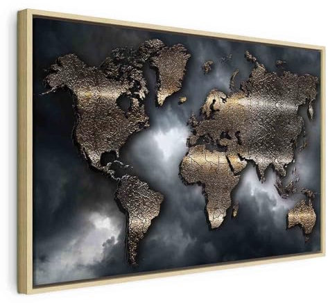 B&D XXL Bilder mit Rahmen 60x40 cm Wandbilder groß Leinwandbild XXL schwarzer Holzrahmen modern Wanddekoration Kunstdruck Wanddeko Wohnzimmer Schlafzimmer Weltkarte Abstrakte Landkarte Himmel grau