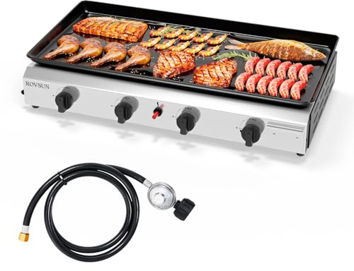 ROVSUN Gasgrill Camping Gas Grill Camping Tischgrill aus Edelstahl, mit 4 Brennern, 9,6 kW, Emaillierter Antihaft-Grillplatte & Ein-Klick-Zündung für Camping, Garten & Strand, 76x39x16 cm