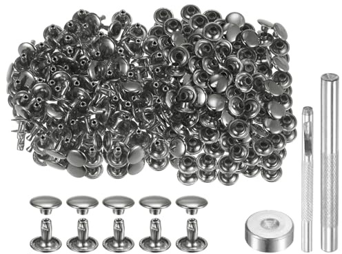 sourcing map Set di 200 rivetti per pelle, 9 mm x 8 mm, in metallo, a doppio tappo, bottoni a pressione con 3 strumenti di regolazione, rivetti per artigianato in pelle, decorazione fai da te,