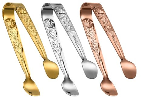 ZYHUI Ice Tongs Stainless Steel Sugar Tongs 3 PCS Mini Tongs for Food Small Metal Tongs with Embossed Rose Flower Serving Tongs for Ice Cubes Lemon Slices Biscuits (Gold, Silver, Rose Gold)