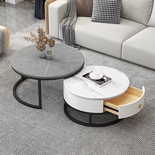 Runde Couchtische aus Marmor mit Schubladenaufbewahrung und Metallrahmen, 2 Stück, ideal für Wohn- und Schlafzimmer-Dekor