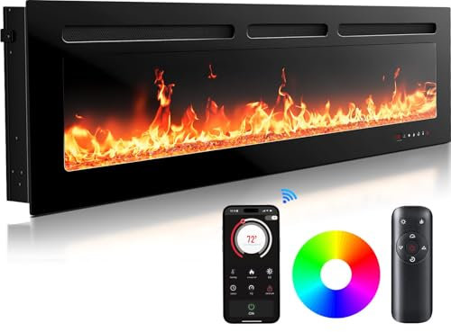 Silonn 50″/127cm Electric Fireplace Heater with App & Remote Control, 5300 BTU Heat Output, Ultra-Slim Wall-Mounted or Recessed Electric Fireplace Inserts with Timer, 20 Flame Colors