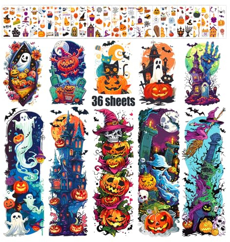 Leesgel Halloween Tattoos for Kids, 36 Sheets Mixed Size Kids Tattoos Sleeves, Full Arm Half Arm Face Hand Tattoo Stickers for Halloween Decorations Costumes Makeup Accessories