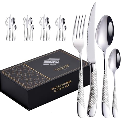 Couverts Ménagères Ensemble De 4 Acier Inoxydable Élégant Sain Durable, Comprend Une Cuillère À Fourchette À Couteau Pour Maison, Hôtel, Restaurant, Nouvelle Maison (Argent,20pcs)