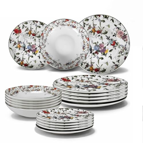 ARCA, Set 18 Piatti Coordinati Asturias in Porcellana e Ceramica Decorata, Servizio per 6 Persone, con Piatti Fondi, Piani e da Dessert