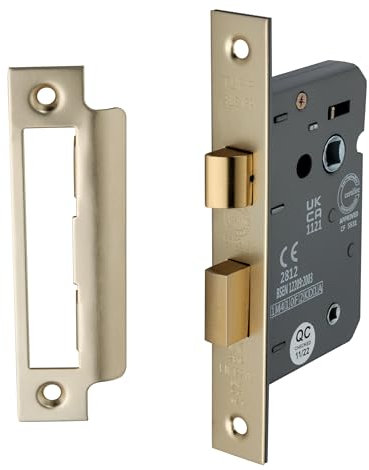Infinity Decor Fire Rated Satin Brass 3 Lever Mortice Bathroom Lock 65mm, CE Approved Reversible Catch for Internal and External Doors