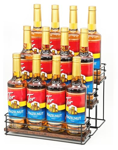 12 Bottle Coffee Syrup Organizer Rack, 3 Tier Coffee Syrup Bottle Stand Holder for Coffee Bar, Installation-free, Liquor Bottle Display Shelf, Coffee Syrup Shelf for Liquor Whiskey Wine Display
