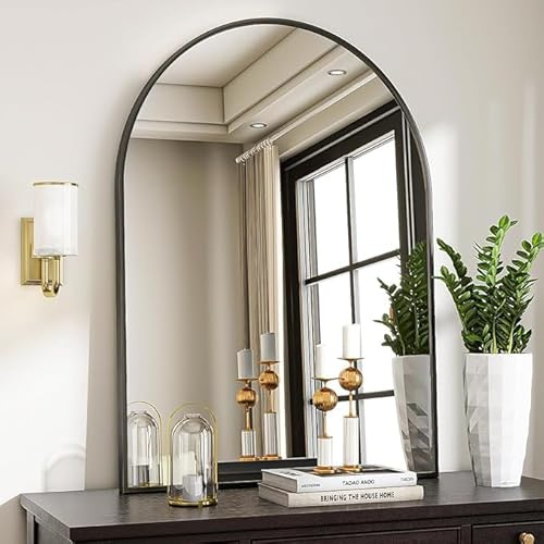 Koonmi Spiegel Schwarz 66×96cm Dekorative Wandspiegel Bogen Halbkreisförmig Spiegel, Schwarz Wandspiegel Badspiegel mit Aluminiumrahmen für Badezimmer Flur Wohnzimmer, Schlafzimmer