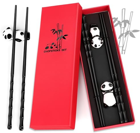 2 Paar Essstäbchen mit Chinesischen Panda Keramik Stäbchen Halter, Rutschfeste Essstäbchen Spülmaschinenfest Wiederverwendbare Fiberglas, Premium Geschenkbox Ideal als Geschenk