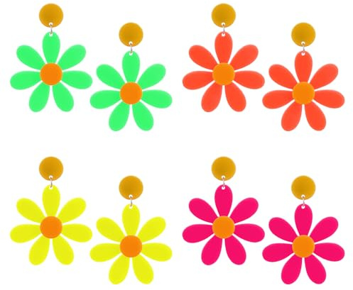4 Pairs Neon Flower Earrings 70s 80s Earrings for Women Acrylic Statement Drop Earrings Retro Daisy Earrings Cute Floral Dangle Earrings Funky Earrings Neon Accessories for 80s Outfit Glow Party