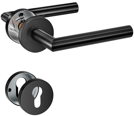 HENYIN 1 lot de poignées de porte à levier en acier inoxydable avec écusson à trou cylindrique, poignée de serrure de porte à mortaise, couleur noire (SO2-103C-B)