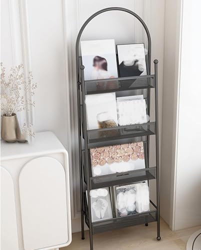 Stehender Zeitschriftenständer, 4-lagig, Metall, Prospektständer, Aufbewahrungsregal für Zuhause, Büro, Wohnzimmer, Schlafzimmer, vertikaler Ordner, Organizer, Bücherregal, schwarz, 50 x 21 x 156 cm