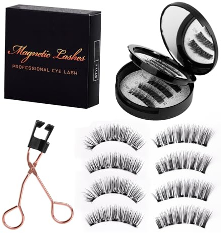 2025 Upgraded Magnetic Eyelashes, Flygragon Lighter 5D Fluffy Eyelashes Magnetic Lashes Natural Look with 2 Pairs, No Glue Reusable Artificial Fiber Magnets False Eyelashes Kit with Curler, KS01-7