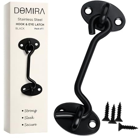 DOMIRA Hook & Eye Latch - Heavy Duty Black Stainless Steel Door Lock | 3, 4, 6, 8 Inch | Gate Hook and Eye Latch for Doors, Sheds, Windows, Barns, Sliding Doors, and Wooden Gates (Black, 6 Inch)