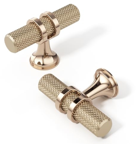 FURNIWARE 10 stycken möbelknoppar champagne brons, T-formade skåpknappar, dörrknoppar räfflade, byråknoppar 50 mm, guldlådknappar för skåp, byråer, garderob