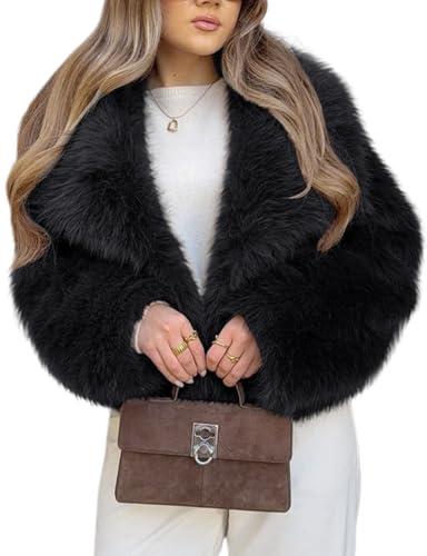 Arssm Women Fluffy Faux Fur Coat Long Sleeve Open-front Winter Cropped Coat Short Fur Fuzzy Jacket(Black-S)