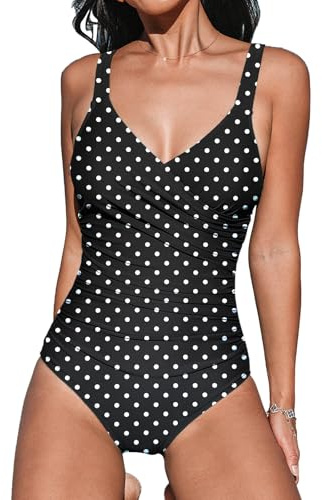 OUSIMEN Women's V-Neck Swimsuit One Piece Tummy Control with Adjustable Straps Back Cut Out Swimsuit Swimwear, polka dot, XXL