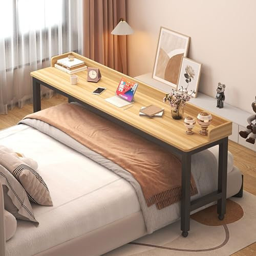 Schreibtisch mit Rollen, Essenstablett, Schreibtisch, Rolltisch, Betttisch Laptop Pflegetisch Mobiler Schreibtisch Computertisch auf Rollen fürs Bett(Size:140×40×80CM,Color:Maple color + black frame)