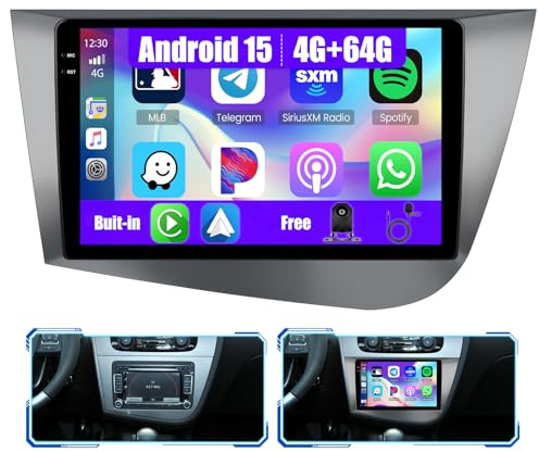 Inefala 4+64G Autoradio Android 15 para Seat Leon MK2 2005-2012 | Pantalla de 9 Incell Táctil, CarPlay, Android Auto, GPS, WiFi, BT 5.0, RDS/FM, EQ, SWC, Cámara Trasera, MIC