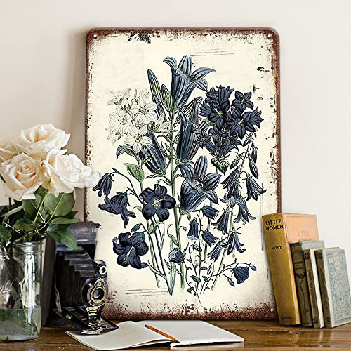 Vintage Campanula Persicifolia Decor Tin Sign - French Country Victorian Cottage Flower Signs for Room, Bathroom, Garden, Farmhouse Wall Decor Art Accessories, Gift for Women 12x16 Inch