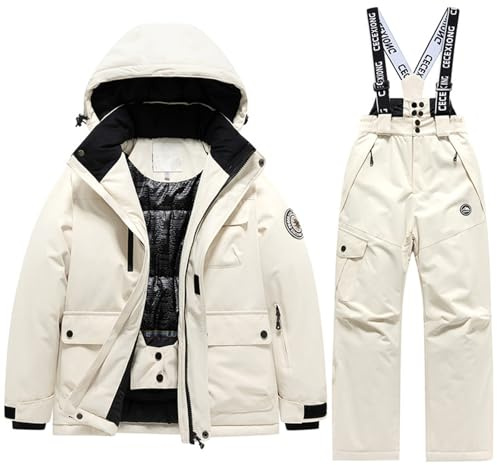 Generisch Tuta da sci invernale per bambini, per ragazzi e ragazze, calda, tuta termica da neve, completo per attività all'aria aperta con tempo freddo, beige., 12-13 Jahre