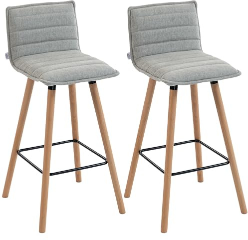 HOMCOM Lot de 2 tabourets de Bar, chaises de Bar, Assise rembourrée 76,5H cm, Dossier et Repose-Pieds, Pieds en Bois de hêtre, Tissu Aspect Lin, chaises Hautes Cuisine, Salle à Manger, comptoir, Gris