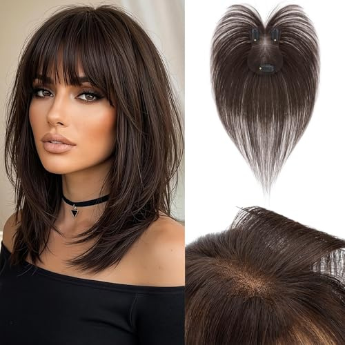 Benehair Echthaar Hair Topper für Frauen, 100% Echthaar Topper mit Pony, 14g Haarverdichtung für Dünnem mit Bange, 7x11CM Basis Menschliches Haar Toppers Oberkopf, 27CM #02 Dunkel Braun