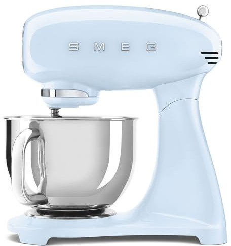 Smeg, Amasadora planetaria Full Color SMF05PBEU, 10 niveles de velocidad, función suave y mezcla, cuenco de 4,8 L, bloque motor, 3 látigos y gancho amasador, 800 W, azul