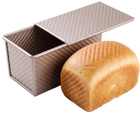 EVTHUR Loaf Tin with Lid, Non-Stick Carbon Steel Bread Pan for Oven Baking, 21X12X11CM Golden Toast Tin with Corrugated Design for Homemade Toast & Bread