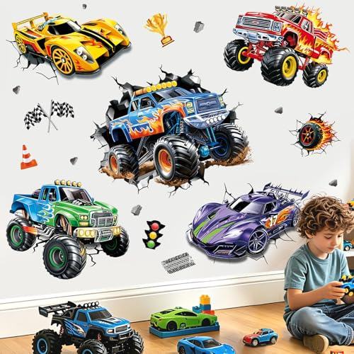 wondever Adesivi Murali 3D Auto da Corsa Adesivi Parete Veicoli Trattore | Sticker da Muro Autoadesivo, Stacca e Attacca, Rimovibile, Decorazioni per Asilo Nido Camerette Bambini Camera da Letto