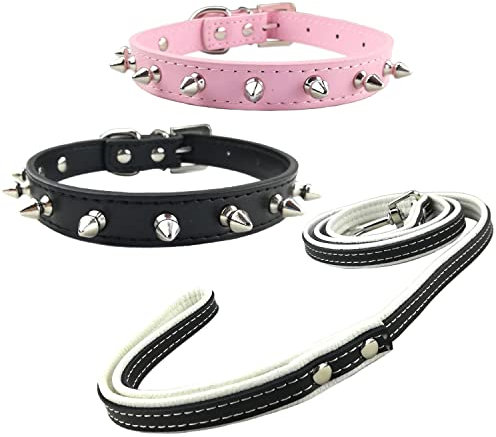 Newtensina 3 Stück Hunde Halsband und Leine Set Punk Nieten Welpen Halsband mit Kontrastfarbe Leinen für kleine Hunde Mittlere Hunde