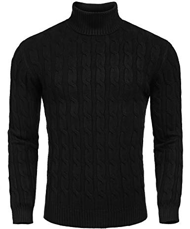 COOFANDY Herren Zopf Pullover Rollkragen Strickpullover Rollkragenshirt Männer Langarmshirts Regular Fit Feinstrick Sweater Basic Sweatshirt Schwarz XL
