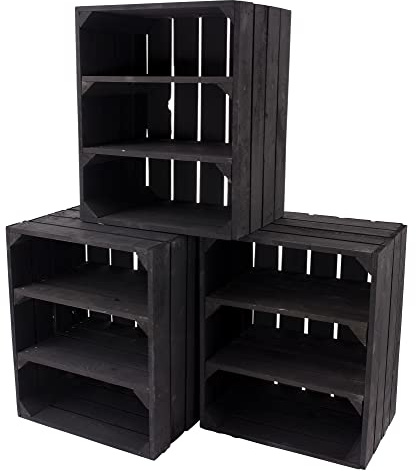 3 Stück Obstkisten-Online Schwarze Kiste mit 2 schwarzen Mittelbrettern quer 50cm x 40cm x 30cm Holzregal Schuhregal Holzkiste modern black Obstkiste Weinkiste Gartenmöbel gebraucht Regal groß Vintage
