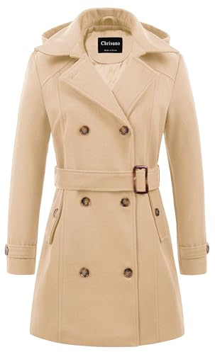 Chrisuno Women Double Breasted Pea Coat Winter Mid-Long Trench Coat Belt Khaki S
